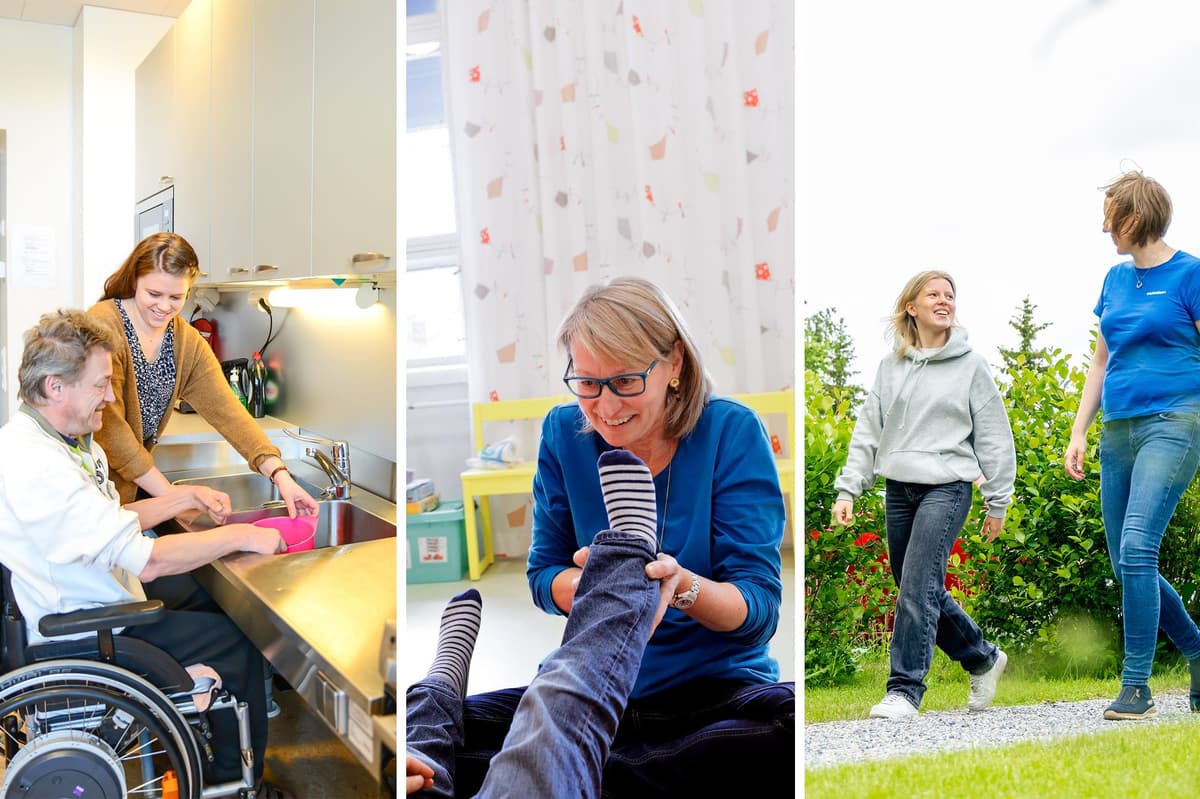 Kolme hoito- ja tukipalvelutilannetta Folkhälsanilla. Vasemmalla: pyörätuolissa oleva henkilö saa tukea keittiötilanteessa hoitajalta. Keskellä: terapeutti auttaa lasta liikeharjoituksessa. Oikealla: kaksi henkilöä kävelee yhdessä ulkona tukikeskustelussa